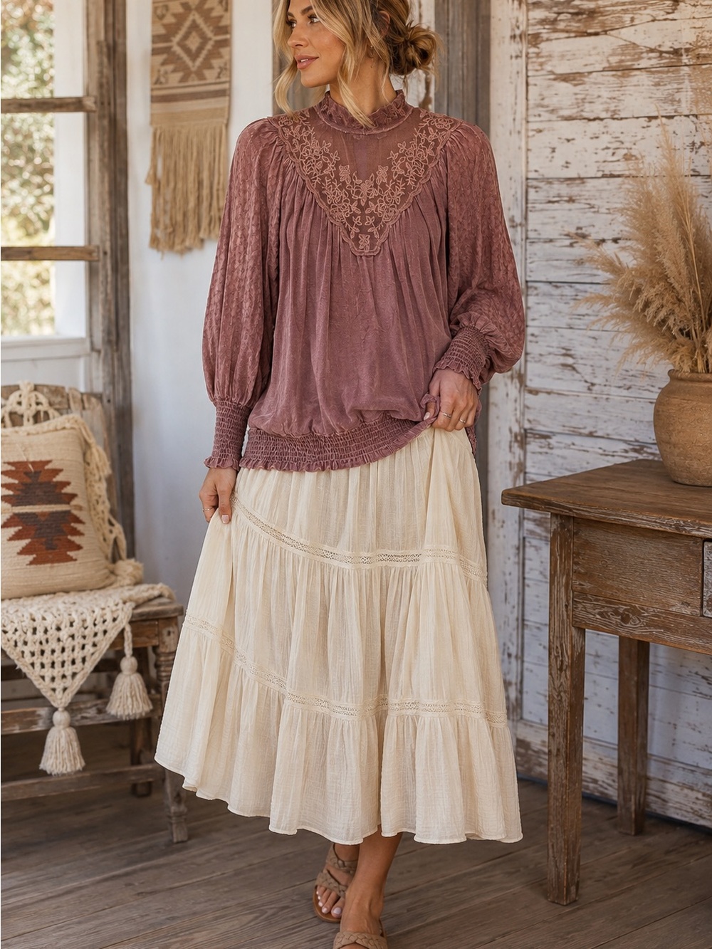 gimmicks by BKE Dusty Rose Lace-Yoke Peasant Blouse deep dusty Rose